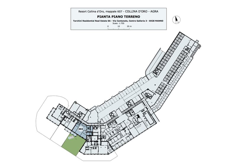 The floor plan shows the layout of a resort called Collina d'Oro in Agra. It includes various rooms and facilities such as a lobby, restaurants, shops, and a parking area.