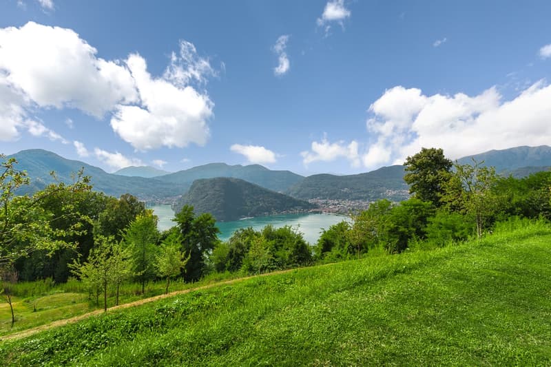 The image shows a scenic landscape with a lake surrounded by lush green hills and mountains. The sky is blue with fluffy white clouds. The foreground features a grassy slope with trees and vegetation. The lake in the distance appears to be a vibrant turqu