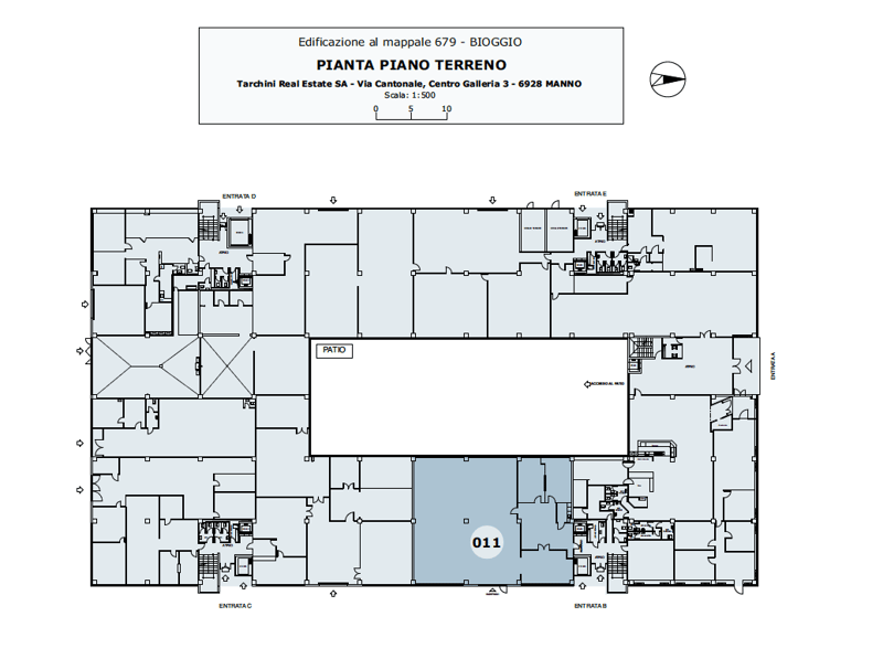 The image shows a floor plan of a building. It includes a main entrance, a patio, and several rooms labeled with numbers. The rooms appear to be a mix of different types, such as offices or apartments.