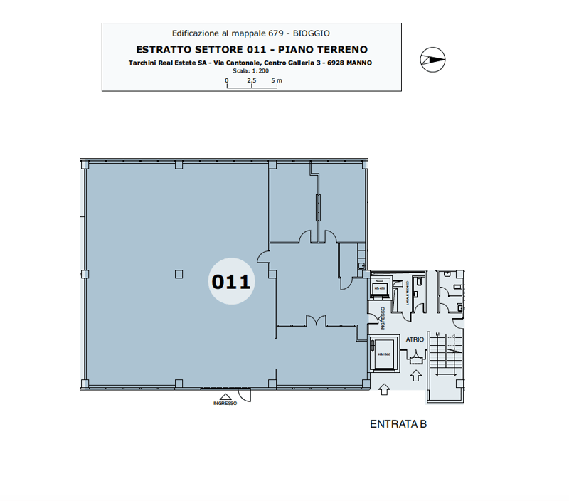 The floor plan shows a unit labeled 011, which includes a living room, kitchen, bathroom, and an atrium area.