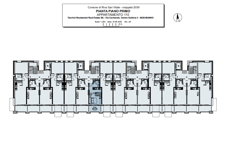 The image shows the floor plan of an apartment building with 5 units. Each unit has a living room, kitchen, bedroom, and bathroom. The units are labeled as Appartamento 110.