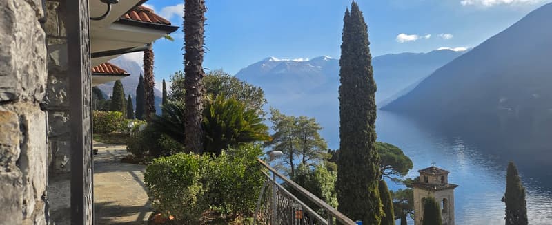 lake, mountains, house, trees, pathway, railings