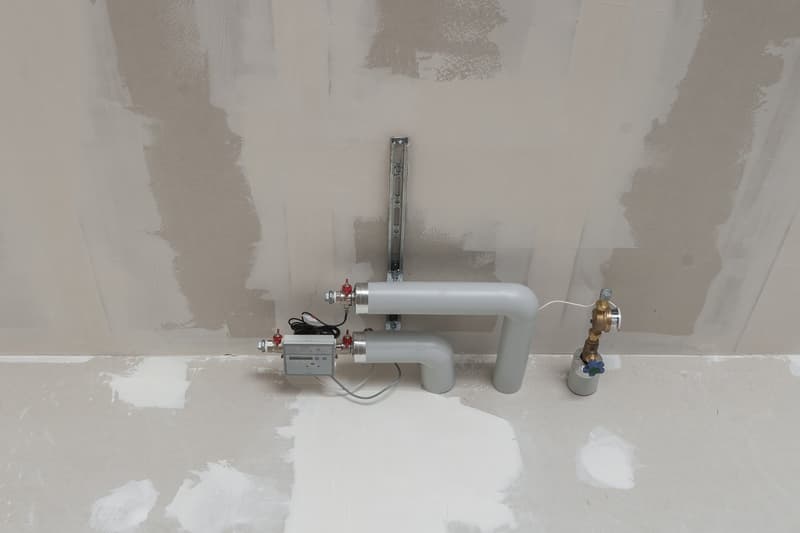Unfinished room with pipes and valves installed on the wall