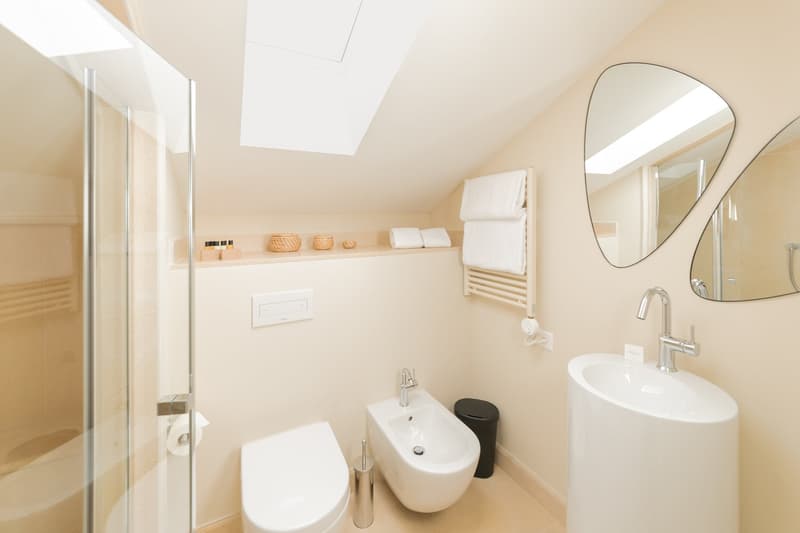 modern bathroom, white fixtures, glass shower enclosure, bidet, toilet, vanity with sink, mirrors, towel rack, skylight