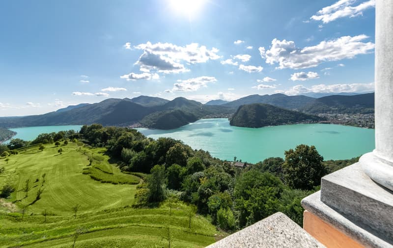 Green landscape with a lake and mountains in the background