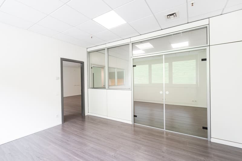 Empty room with white walls, wooden floor, glass walls, and ceiling lights