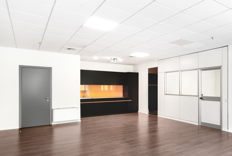 empty room, wooden floor, white walls, gray door, black cabinets, sink, white ceiling