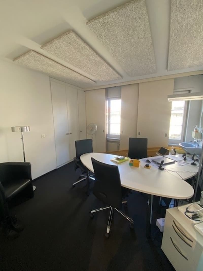 Spacious office with white walls, carpeted floor, large oval table, chairs, desk, lamps, cabinets, windows.