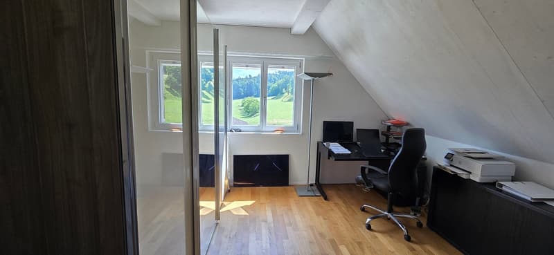 Office room with desk, chair, printer, computer, lamp, windows, wooden floor