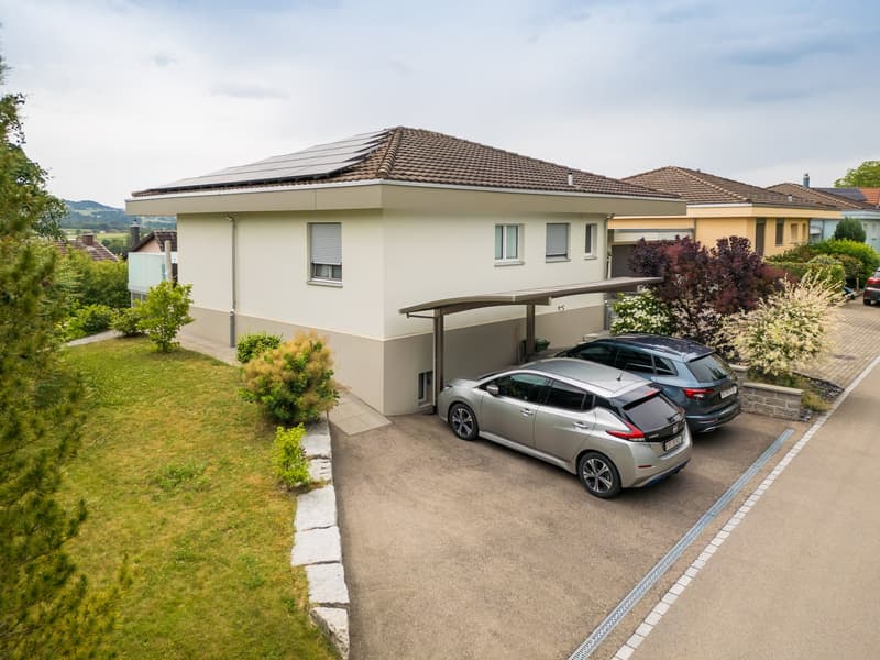 Aussenansicht mit Vorplatz und Carport