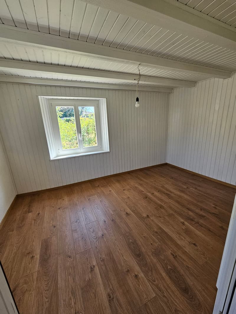 This image shows a room with white paneled walls, a wooden floor, and a single window. The room appears to be empty, with a single light bulb hanging from the ceiling.