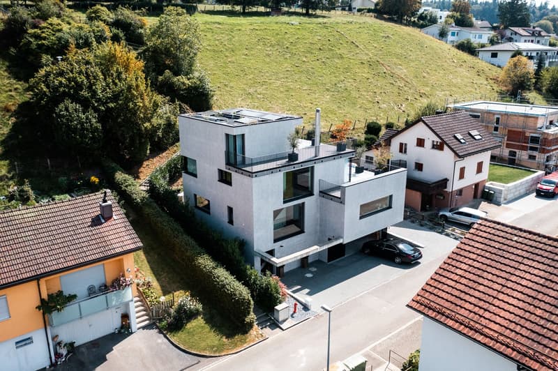 Modern house, grey exterior, solar panels, garage, 2 cars parked, greenery, several other houses in the background