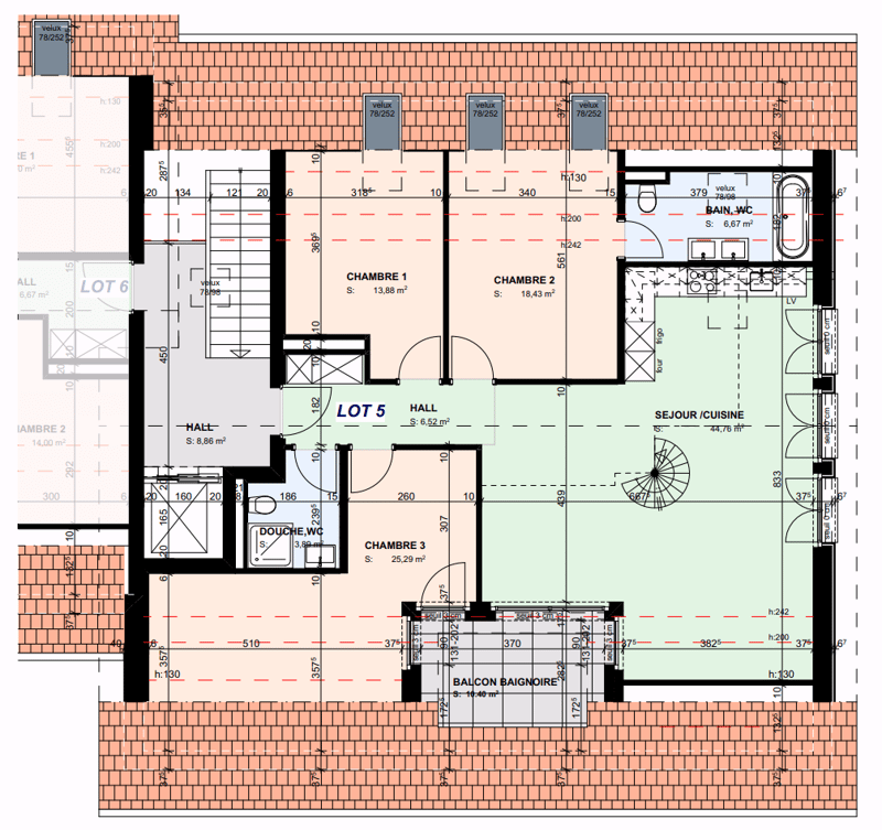 Floor plan includes a living room, kitchen, 3 bedrooms, 2 bathrooms, a balcony, and a bathroom with a shower.