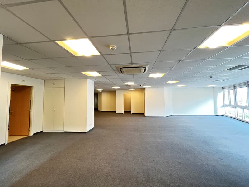 Empty room, white walls, grey carpet, large windows, recessed ceiling lights, doors on both sides