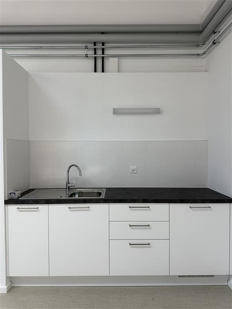 Modern kitchen with white cabinets, black countertops, stainless steel sink, and silver faucet.