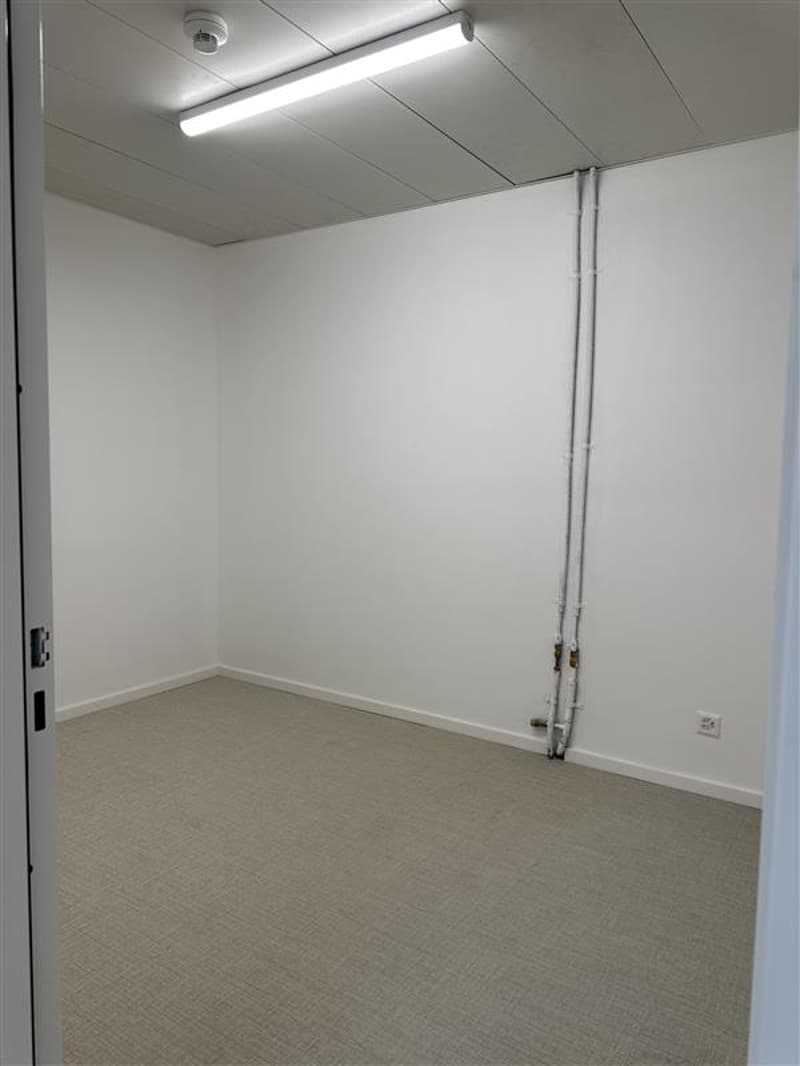 Empty room with white walls and carpeted floor. White ceiling with a single fluorescent light. Electric outlet mounted on the wall.