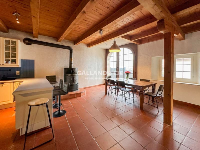 Wooden ceiling, fireplace, wooden dining table, kitchen island, tiles, lamp