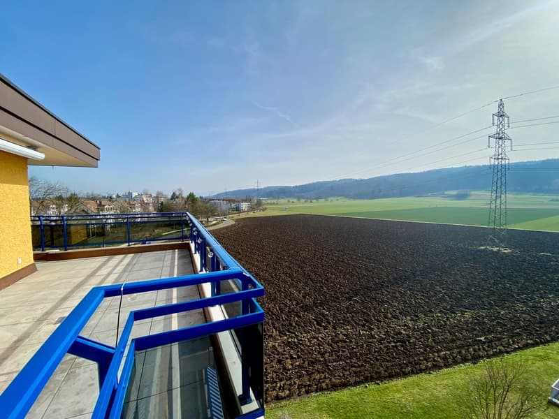 Sonnige Terrasse mit Aussicht ins Grüne