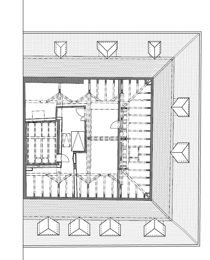Central living area, balcony, raised ground floor, staircase, entrance hall, kitchen, multiple bedrooms
