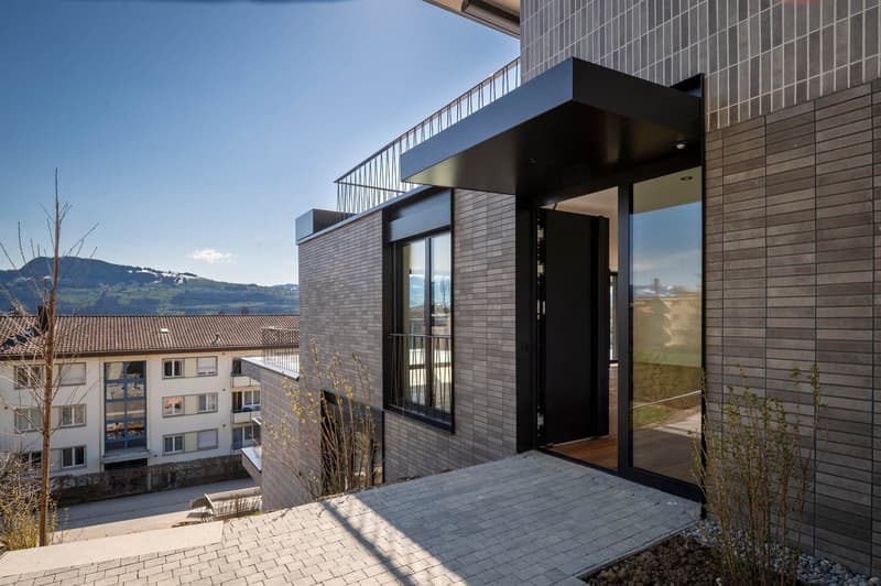 modern house, brick wall, glass door, glass windows, balcony, paved entrance