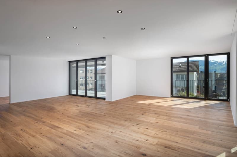 empty room, hardwood floors, large windows, balcony, mountain view