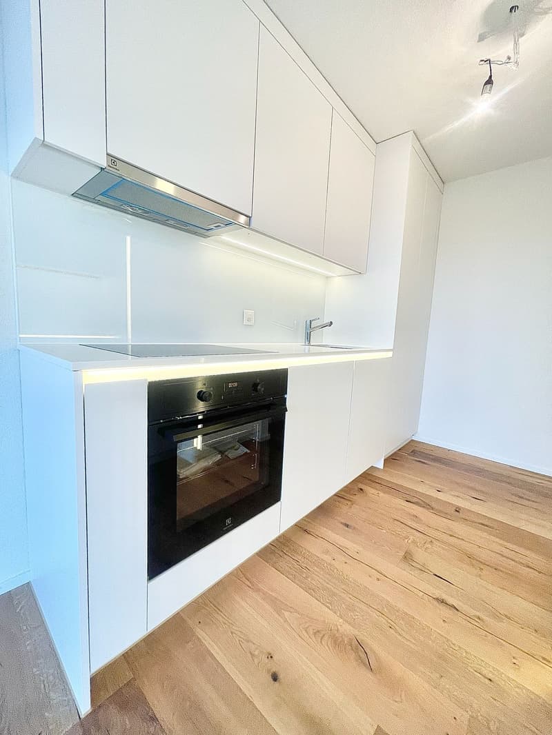 modern kitchen with white cabinets, wooden floor, black oven, induction cooktop, sink, faucet, white walls, extractor hood