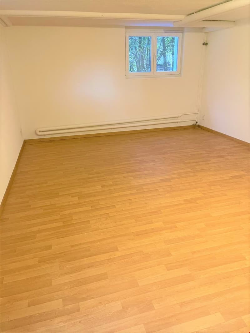 empty room with white walls, wooden floor, white ceiling, small window