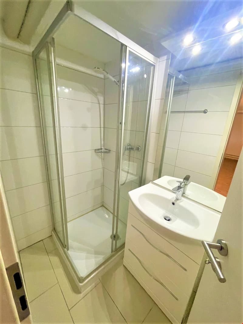 modern bathroom with glass shower, white tiles, white sink, mirror, faucet, cabinet below the sink