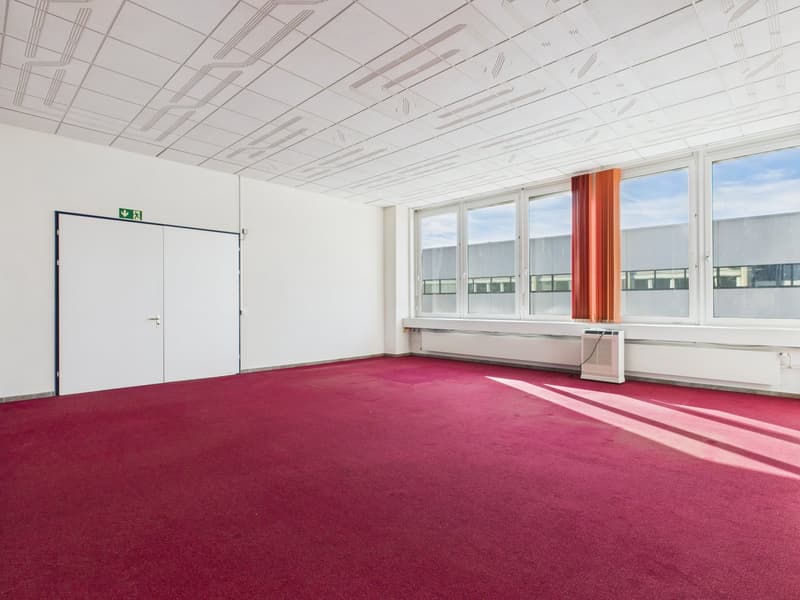 Empty room, white walls, red carpet, large windows, air conditioning unit