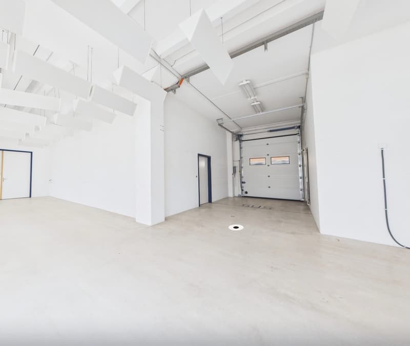 spacious room, industrial style, white walls and floor, metal ceiling panels, white garage door, two doors