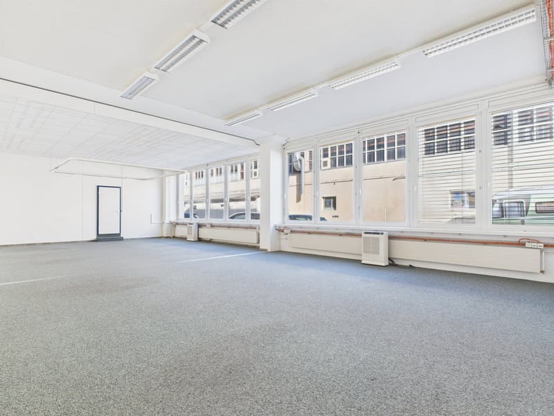 empty room, white walls, grey carpet, many windows, white ceiling