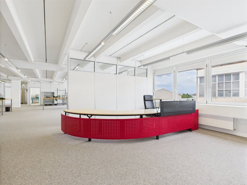 large open space, modern minimalist design, large windows, central curved desk, modern lighting