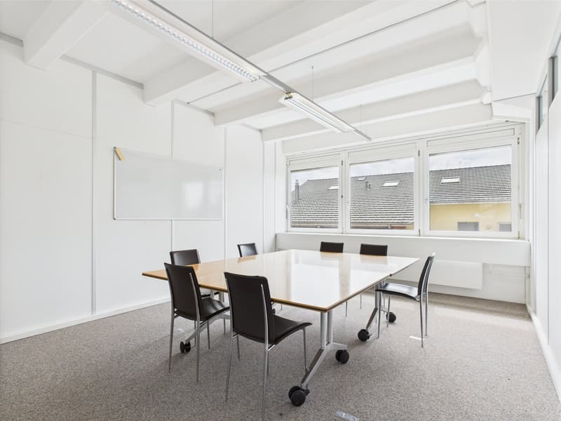 meeting room with a large table, chairs, a whiteboard, carpet, fluorescent lighting, and large windows