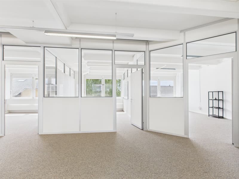 Empty office space with white walls, glass doors, carpeted floor, overhead lighting, and glass windows with view outside.
