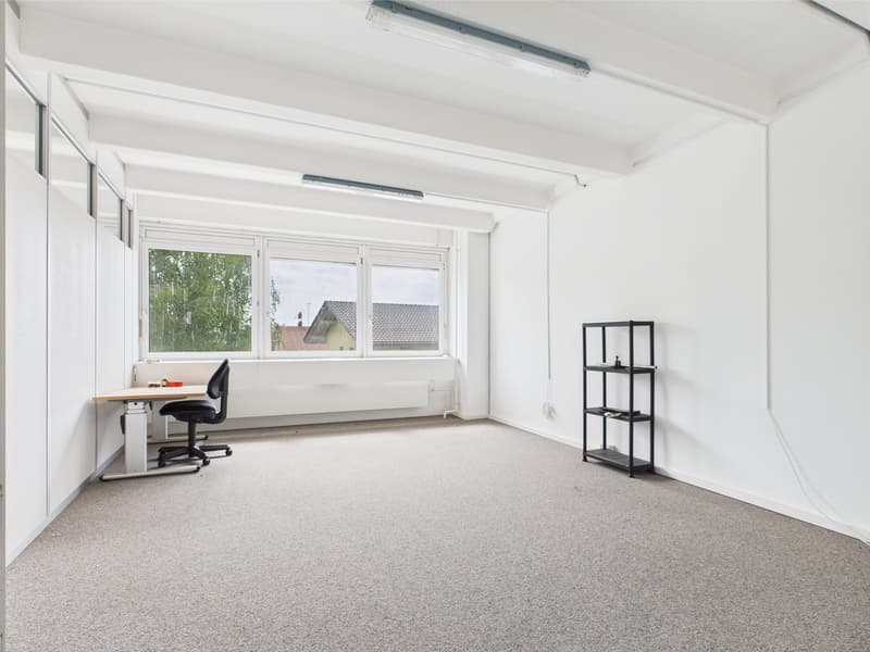 empty room, white walls, white ceiling, white desk, chair, shelves, double windows