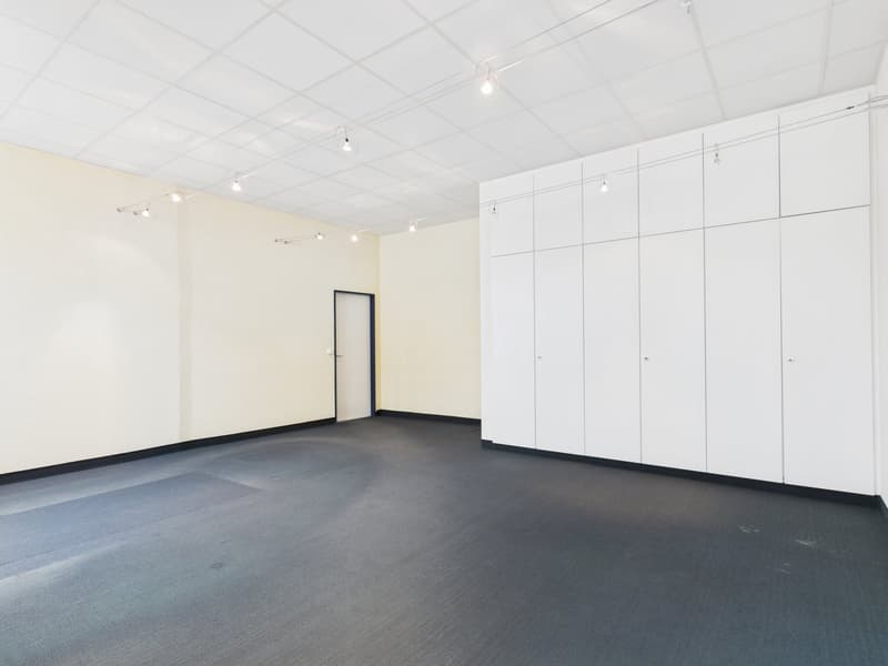empty room, white walls, gray floor, track lighting, white built-in cabinets