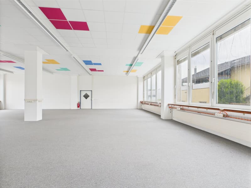 Empty room with grey carpet, white walls, and ceiling with square tiles of various colors, windows, a small fire extinguisher and a door