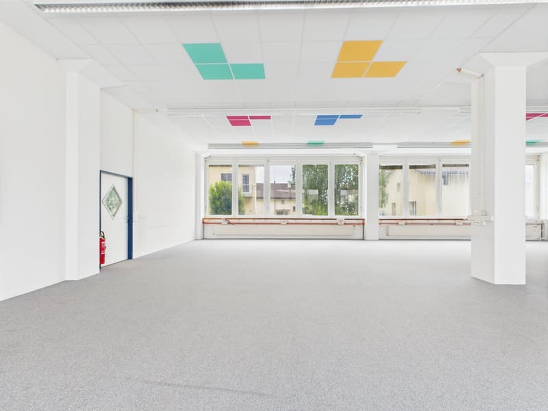 empty office room with white walls, gray carpet, glass windows, ceiling with square tiles of various colors, and an entrance door