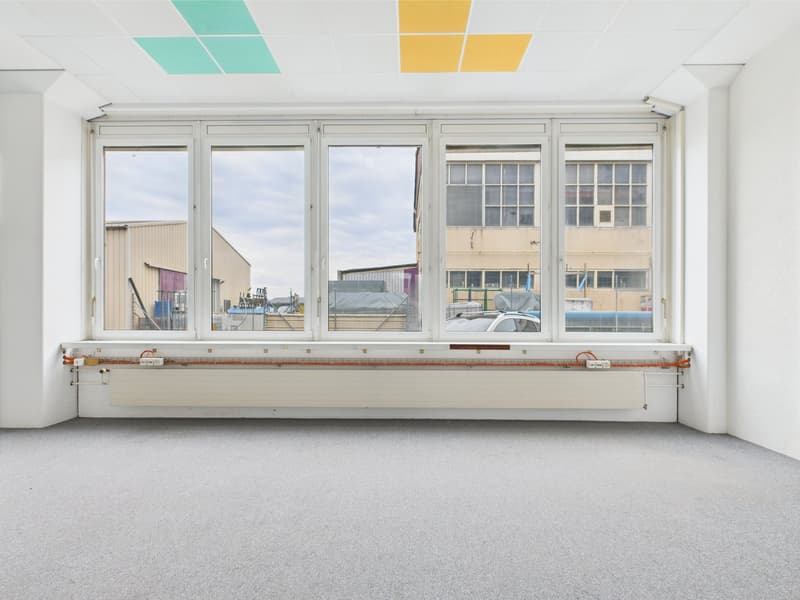 an empty room with white walls, gray carpet, large windows, multicolored ceiling tiles, heater