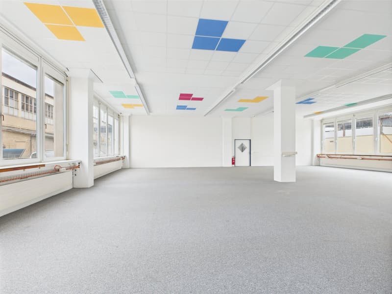 Large open space with white walls, large windows, multicolored squares on the ceiling