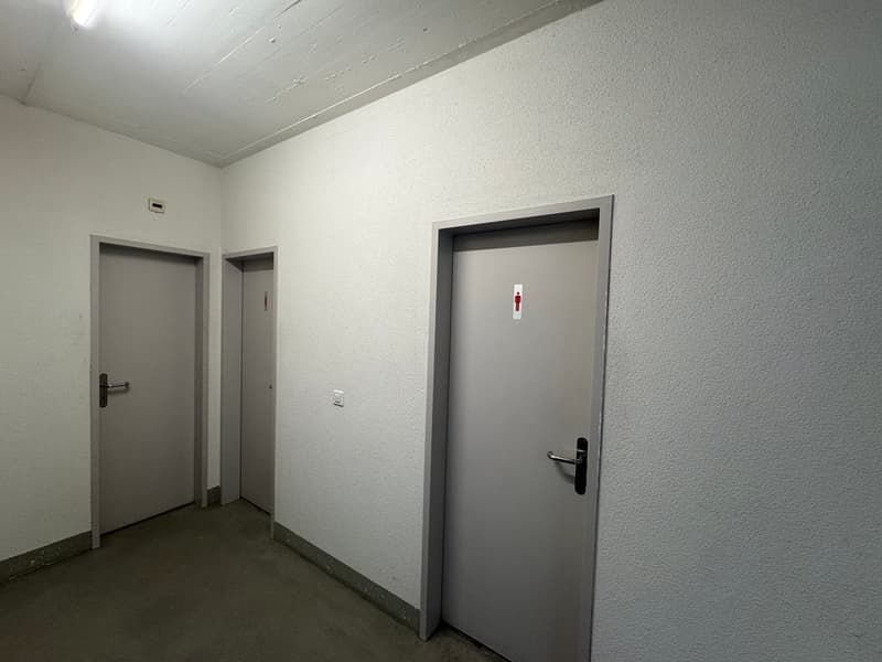 empty room with two grey doors, white walls, grey floor, a light on the ceiling