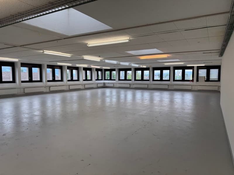 Empty large open room, white floors, white walls, row of windows, multiple ceiling lights