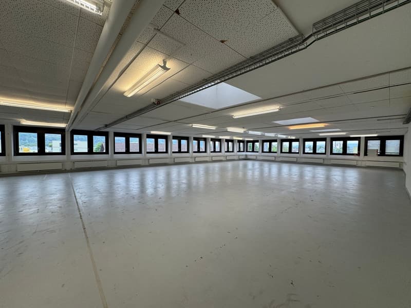 large room with white flooring and white walls, multiple long windows, fluorescent lights
