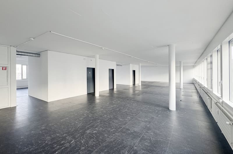Empty office room with white walls, black floor, and multiple large windows
