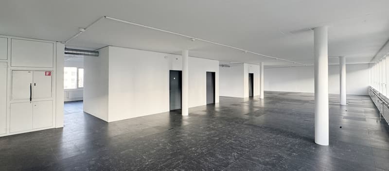 Open space, black tile flooring, white walls, several doors, 3 pillars, windows