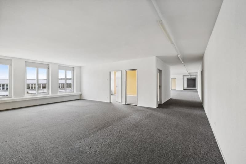 Empty room, white walls, gray carpet, large windows, two doors, white ceiling, bright lighting