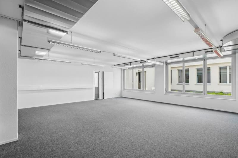 Empty room with white walls, gray carpeted floor, large windows, bright ceiling lights