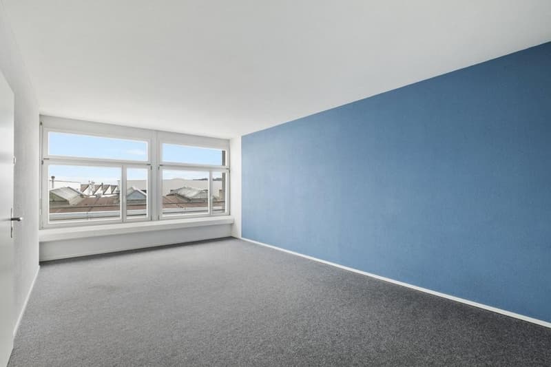 empty room, blue wall, white door, white trim, white floor, windows