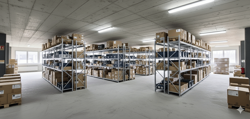 Warehouse with multiple shelves filled with boxes, metal pallets, and ceiling lights