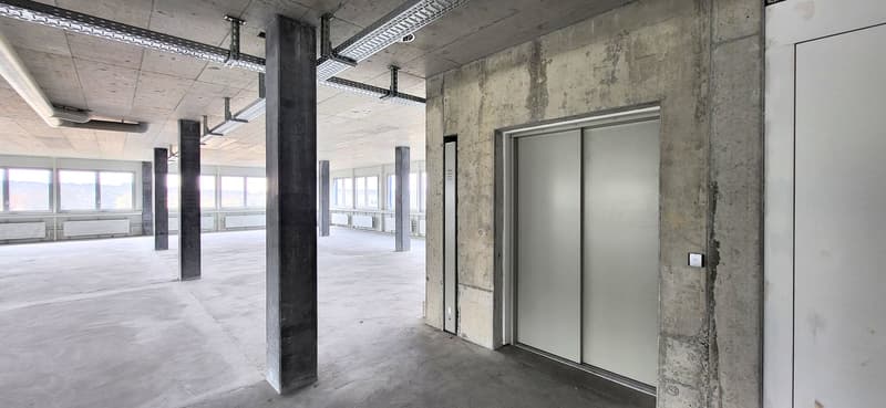 Empty room with concrete walls, glass windows, metal pillars, and an elevator.